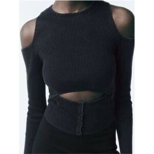 NEW Zara Knit Top Small Cold Shoulder Cutout Ribbed L/S Gray Black Edgy Grunge